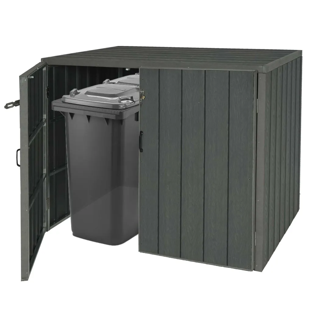 XL 2er-/4er-WPC-Mülltonnenverkleidung MCW-J28, Premium Mülltonnenbox, Metall Holzoptik, erweiterbar  grau